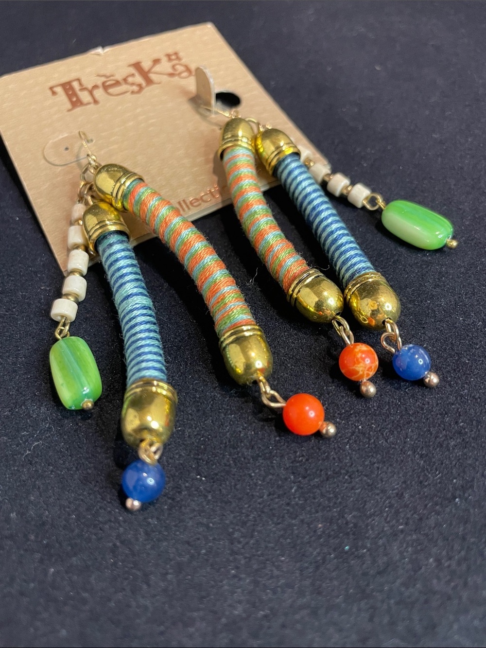 Treska Multicolor Wrapped Thread Dangle Earrings with Beads - Picture 2 of 2